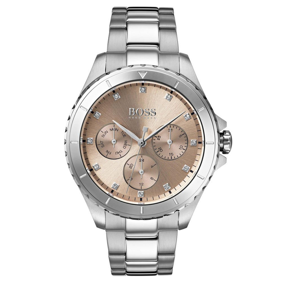 Hugo Boss Womens 1502444 Premiere Silver Tone Stainless Steel Watch With Rose Gold Di